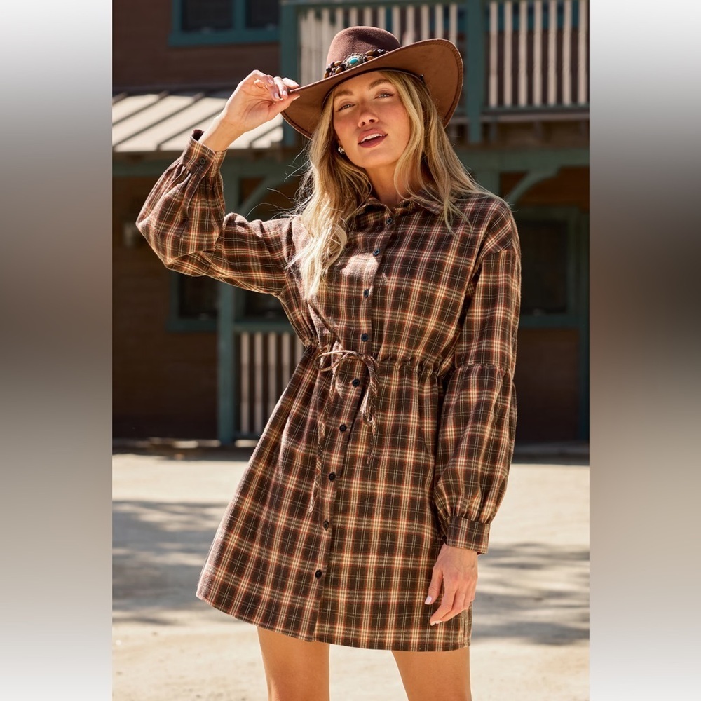 NWT Cupshe Campus Walk Brown Plaid Tie Waist Long Sleeve Small Dress